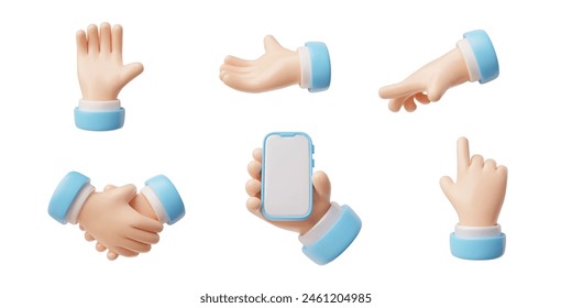 Hands gestures 3D vector set. Hands emoji with a mobile phone, handshake, palm down, five fingers greeting, pointer gestures. Cartoon arm with blue sleeve shows different communication signs emoticons Stock vektor