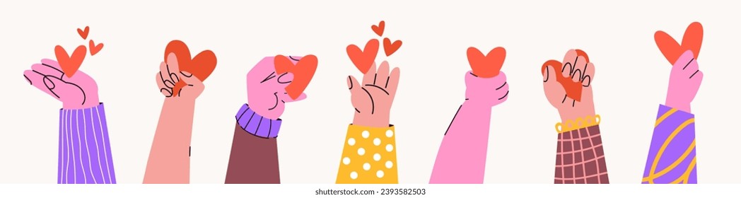 손은 심장을 잡는다. 발렌타인데이, 사랑, 돌봄, 자선, 도움을 제공하는 만화가 손을 잡는다. 스톡 벡터