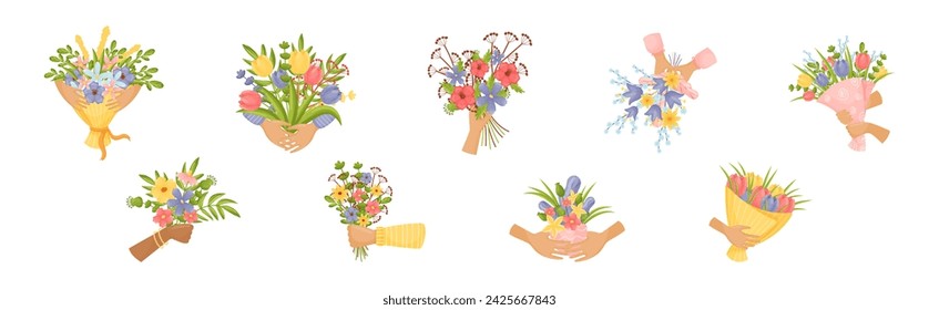 Hands Holding Bouquet of Blooming Flowers Vector Set: wektor stockowy