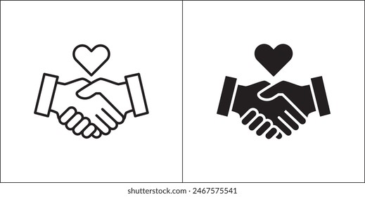 Стоковое векторное изображение: Handshake hands icon. Hand shake with love symbol. Icon for charity, donation, compassion, solidarity and humanitarian. Vector Stock logo illustration in flat and line design style.