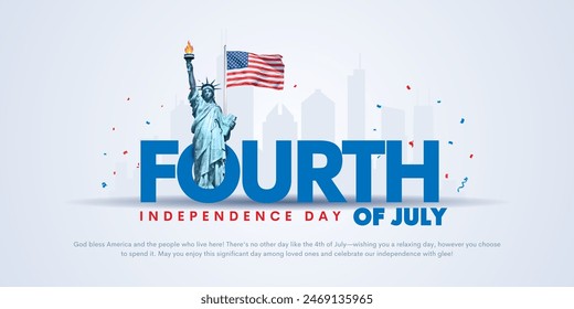 Happy 4th of July independence day USA banner template with statue of liberty and USA cityscape on a navy blue background. Vector illustration.: stockvector