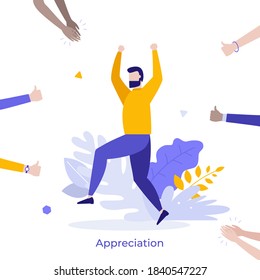 Happy bearded man surrounded by clapping hands of applauding people. Concept of social success, public approval, positive feedback, appreciation. Modern flat colorful vector illustration for poster. Arkistovektorikuva