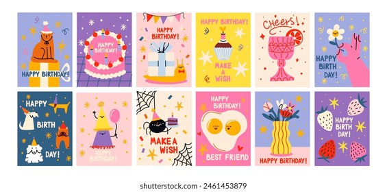 Happy Birthday cards in cartoon retro 90s style. Minimalist cards. Celebration congratulations posters with cakes and sweets. Vector bright template for party, event - Vector στοκ