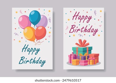 Happy Birthday cards with balloons and gifts. Template for postcard, poster, flyer, banner. Vector. - Vector στοκ