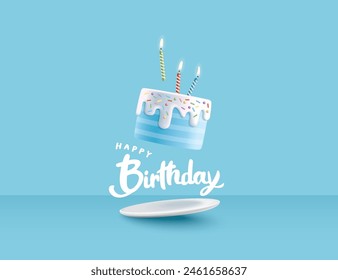 Happy Birthday celebration typography design with 3d birthday cake for greeting card, poster or banner. Vector illustration 库存矢量图