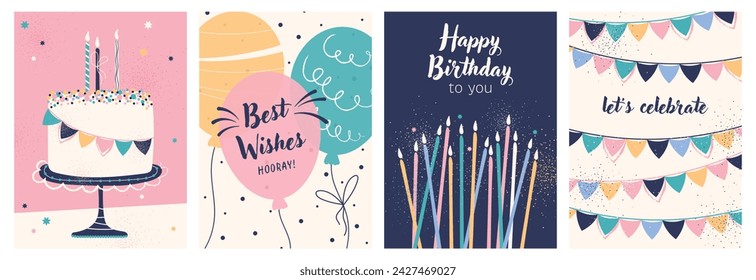 誕生日、おめでとう。バースデーグリーティングカード。お祝いへの招待。オンラインの誕生日の願い。印刷可能なカードバースデーケーキ、キャンドル、風船、お祝いの旗。ご挨拶のベクター画像素材