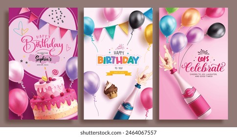 Happy birthday greeting vector poster set template. Birthday invitation card with cake, wine bottle and balloons elements decoration for girl party card collection. Vector illustration birthday  Vektor Stok