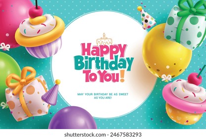 Happy birthday greeting vector template design. Birthday greeting text in white empty with cup cake balloon and gift inflatable decoration elements for invitation card template design. Vector  库存矢量图