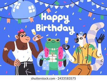 お誕生日はがき。お祝いパーティーで面白い野生動物、カードデザイン。シャンパン、ワイングラス、紙吹雪で休日の夜を祝うファンキーなファッションの野生のキャラクター。フラットなベクターイラストのベクター画像素材