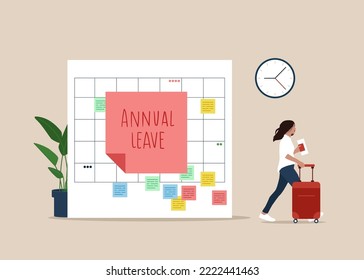 Happy girl running with luggage from calendar with annual leave note. Annual leave or day off to rest from hard work, schedule reminder of annual leave. Flat modern vector illustration. 庫存向量圖
