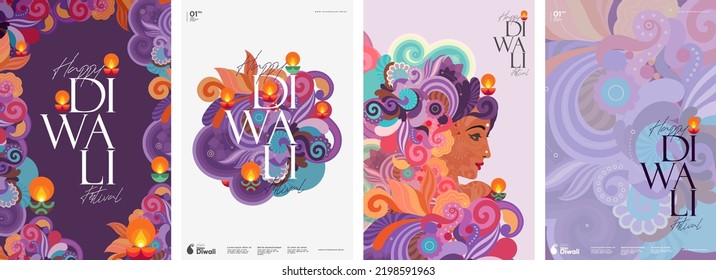 Happy Diwali. Indian festival of lights. Vector Indian ornaments and patterns. Girl's face.  Stock Vector