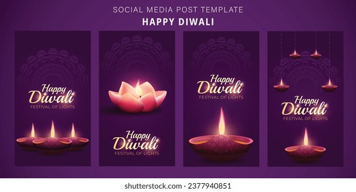 Happy diwali instagram story template set diwali vector illustation with beautiful diya Stock Vector