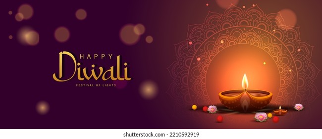 Happy Diwali Poster with Diya Lamp and Peacock Vector Illustration. Indian festival of lights Design. Suitable for Greeting Card, Banner, Flyer, Template.  Stock Vector
