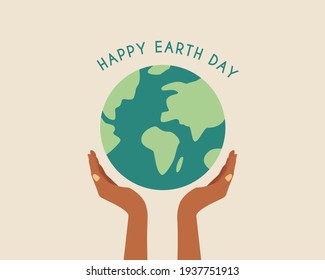 Happy earth day. African hands holding globe, earth. Earth day concept.Modern cartoon flat style illustration Stock Vector