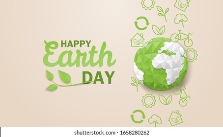 Happy earth day. Ecology concept. Design with globe map drawing and leaves on light brown background. vector. illustration. Stock Vector