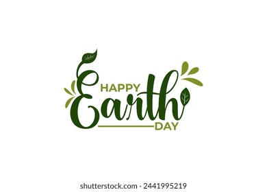 Happy Earth Day Green Lettering With Leaf Ornament Isolated Background. Vector Illustration Stock Vector