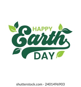 Happy Earth Day hand lettering vector illustration with leaves on white background. Earth day banner, poster. Earth Day environmental and Eco activism vector template design. Earth day logo. Stock Vector