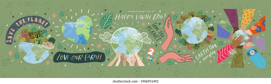 Happy Earth Day! Vector eco illustrations for social poster, banner or card on the theme of saving the planet, human hands protect our earth. Make an everyday earth day Stock Vector