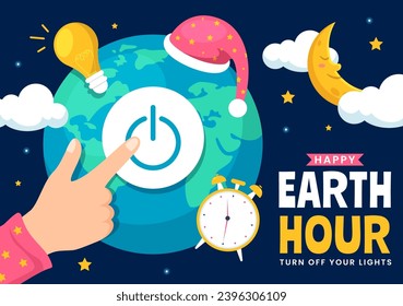 Happy Earth Hour Day Vector Illustration with Cloud, Light bulb, World Map and Time to Turn Off in Flat Cartoon Background Design: stockvector