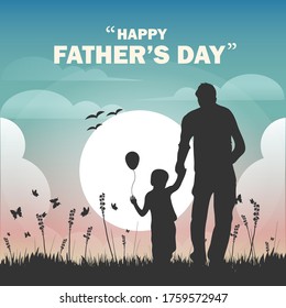 Happy father's day, dad and son beautiful silhouette sunset scene poster, vector illustration : stockvector