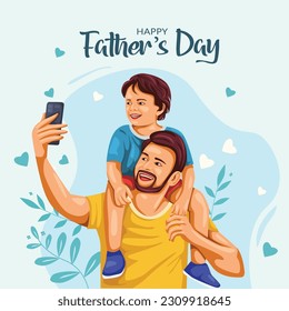 Happy father's day father and son making faces while taking selfie. abstract vector illustration design: wektor stockowy