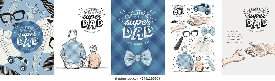 Happy Father's Day. Line art. Vector minimalistic cute illustrations of dad and son, baby and father's hands, logo, plaid fabric for background and pattern for greeting card, postcard, poster or flyer Vektor Stok