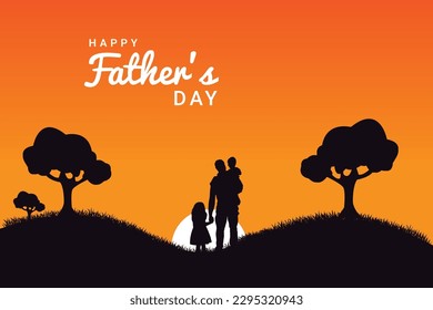 Happy Father's Day and silhouette of father and son on background of adventure landscape with mountains, forest, sun and sky. Dad and child in nature at sunset.: stockvector