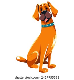ハッピーフレンドリーな大きな生姜犬グレートデインは、舌を出して、首に青い襟に座っている。フラットなベクターイラストのベクター画像素材