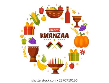 Happy Kwanzaa Vector Illustration with Mazao, Zawadi, Mkeka, Kinara, Gifts, Cup, Candles in Traditional Holiday African Symbol Flat Cartoon Background: stockvector