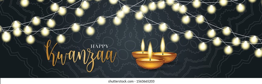 Happy Kwanzaa banner. Website or newsletter header. Traditional holiday design concept with glowing lights garland and candles. Vector illustration.: stockvector