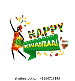 Happy Kwanzaa celebration greeting card. Black woman person with drum celebrating Kwanzaa holiday. African American culture tradition decoration vector illustration: stockvector