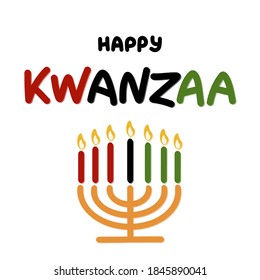 Happy Kwanzaa handwritten text for traditional african american ethnic holiday. Concept design for greeting card with kinara and burning black, red, green colored candles. Vector illustration. Vektor Stok