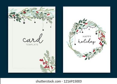 Happy Holidays Card template with green leaf and red berry Stock Vector