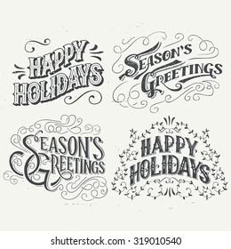 Happy Holidays. Hand drawn typography headlines set for greeting cards in vintage style Stock Vector