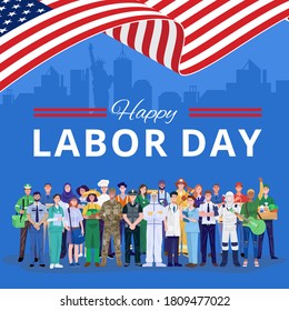 Happy Labor Day. Various occupations people standing with American flag. Vector Stock Vector