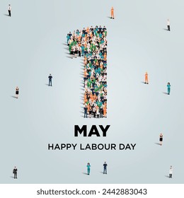 Happy labour day concept poster. Large group of people form to create number 1 as labor day is celebrated on 1st of may. Vector illustration. Stock Vector