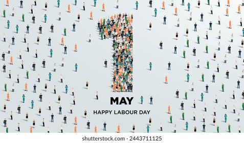 Happy labour day concept poster. Large group of people form to create number 1 as labor day is celebrated on 1st of may. Vector illustration.
 Stock Vector