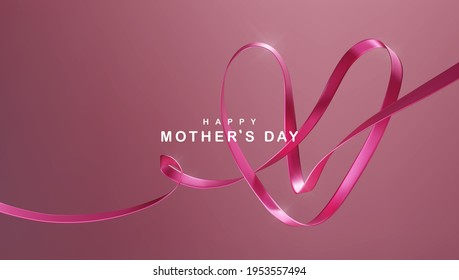 Happy mother's day 3d realistic background illustration with pink heart shaped ribbon vector Stock Vector