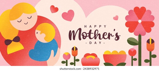 Happy Mother's Day banner design with mother holding baby in arms and beautiful flowers background. Stock Vector