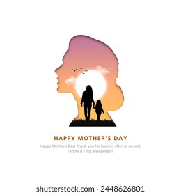 Happy Mother's day greeting card. Paper cut with mother and child in sunset, holiday background. Vector illustration.
 Stock Vector