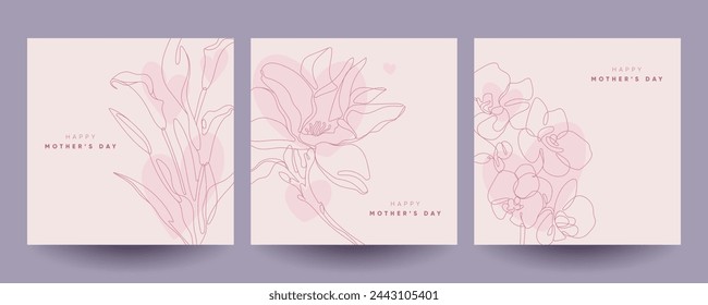 Happy Mother's Day greeting cards set with flowers and hearts. Continuous line art illustrations.  - Vector στοκ
