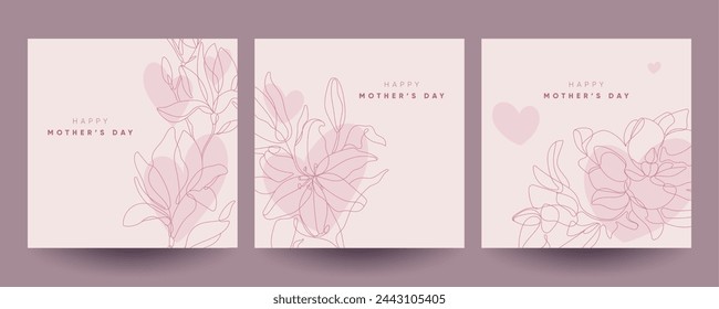Happy Mother's Day greeting cards set with flowers and hearts. Continuous line art illustrations.  Stock Vector