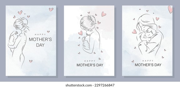 Happy mothers day mom and child love greeting design. Background of hand drawn mother with baby Stock Vector