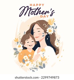 Happy Mother's Day minimalist vector art, with flowers, Anneler Günü kutlu olsun Stock Vector