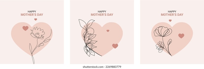 Happy Mother's Day Social Media Post Series, Mother's day card design line flowers heart Stock Vector