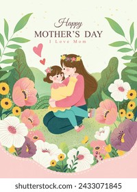 Happy mother's day poster. Mom and daughter in a garden surrounded by beautiful plants. Stock Vector