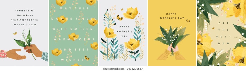 Happy Mother's Day! Vector cute illustration of a bouquet of lily of the valley flowers holding in hands, floral gift, frame, border, modern pattern for greeting card, invitation or poster - Vector στοκ