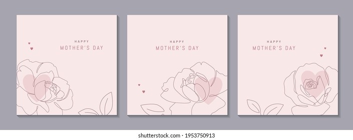 Happy Mother's Day vector greeting cards set with beautiful flowers and hearts. Rose single line drawing with on pink background. One line minimalist style illustration for banner Stock Vector