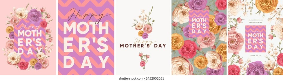 母の日おめでとう。ベクター画像水彩牡丹の花、バラ、植物、花束、パターン、ピンクと紫色の幾何学的なロゴ、葉、グリーティングカード、招待状またはポスターのモダンなエレガントな花柄イラストのベクター画像素材