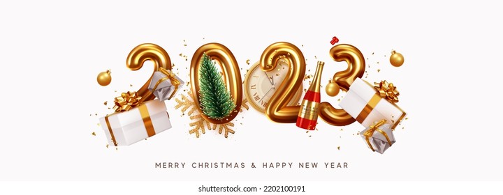 Happy New Year 2023. Golden metal number. Realistic 3d render sign. festive realistic decoration. Celebrate party 2023, Web Poster, banner, cover card, brochure, flyer, layout design. White background Stock Vector